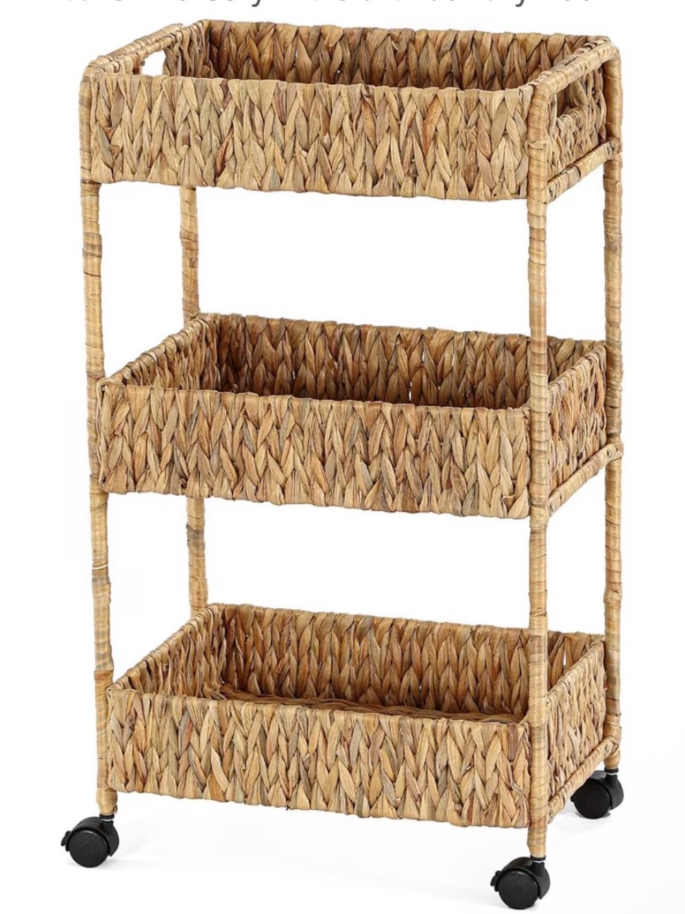 Natural Water Hyacinth 3-Tier Rolling Storage Cart